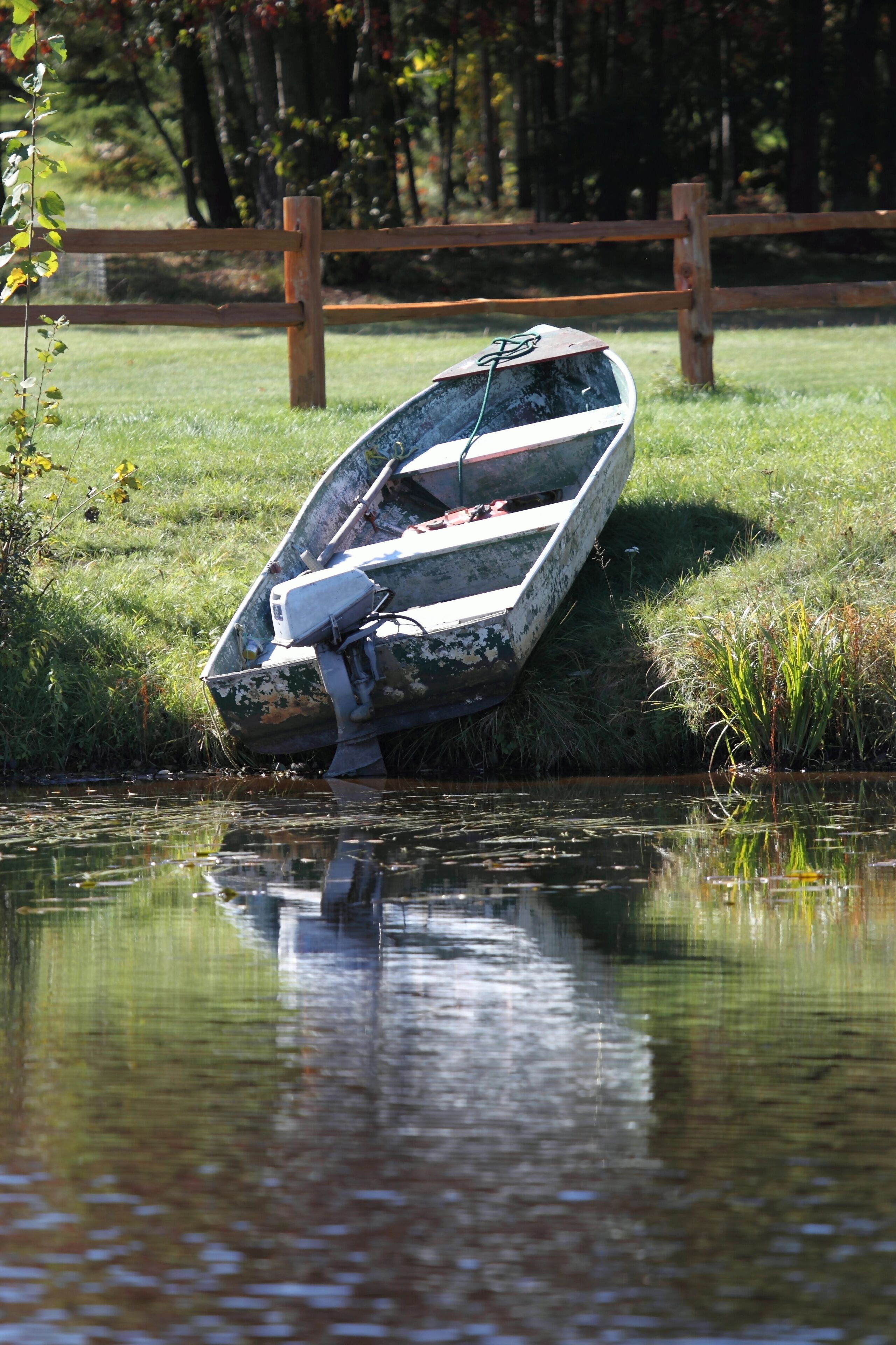 An old boat and motor on the shore of a lake