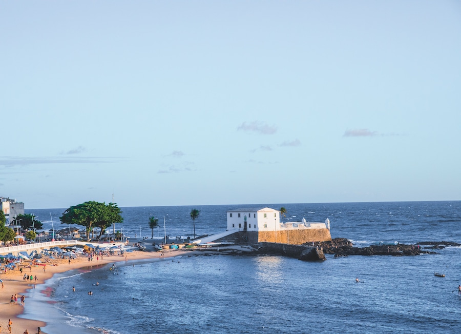 Forte Santa Maria in Salvador, Bahia, Brazil and some people fishing in their boats