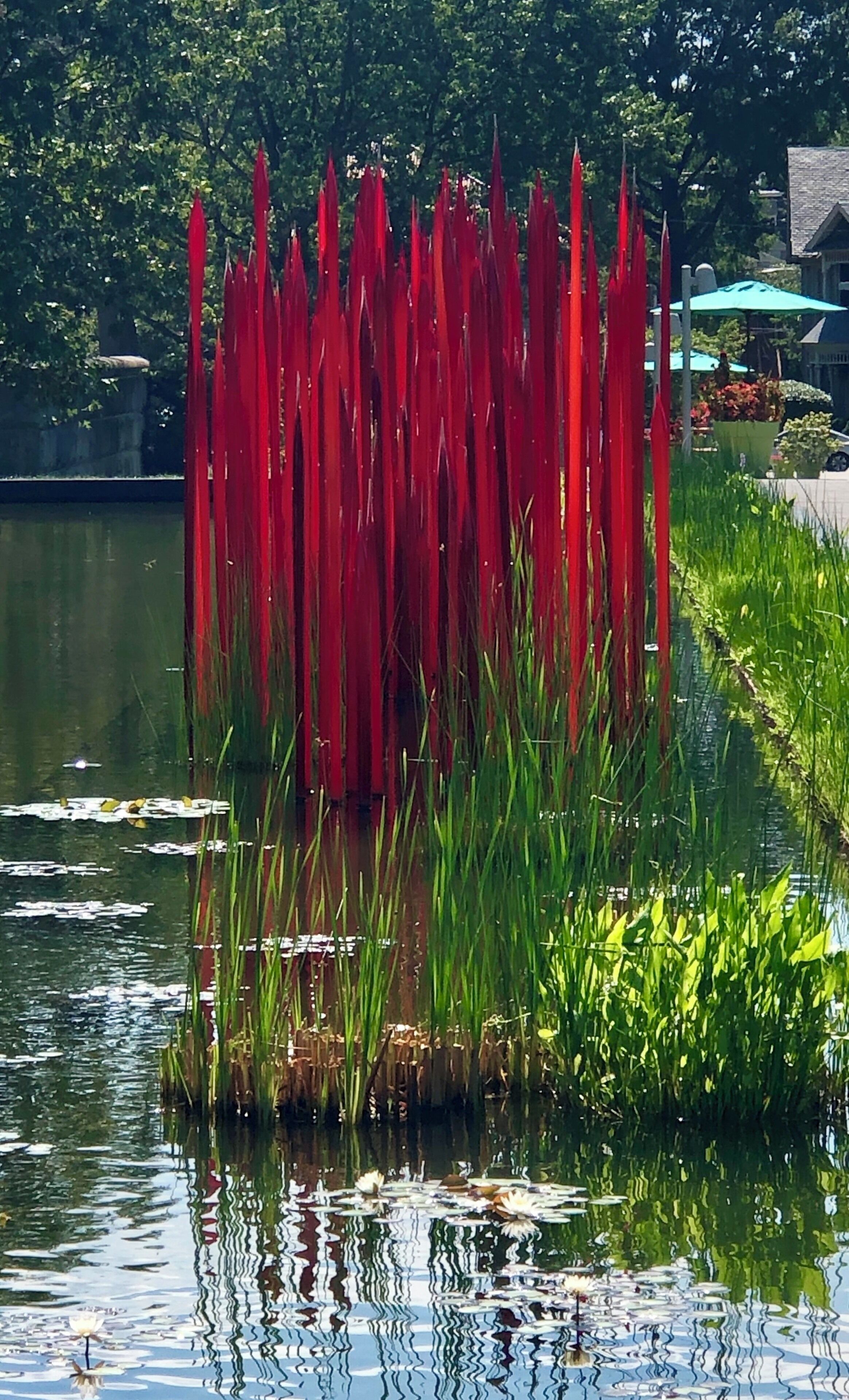 Chihuily art installation outside the museum. It is titled Red Reeds.