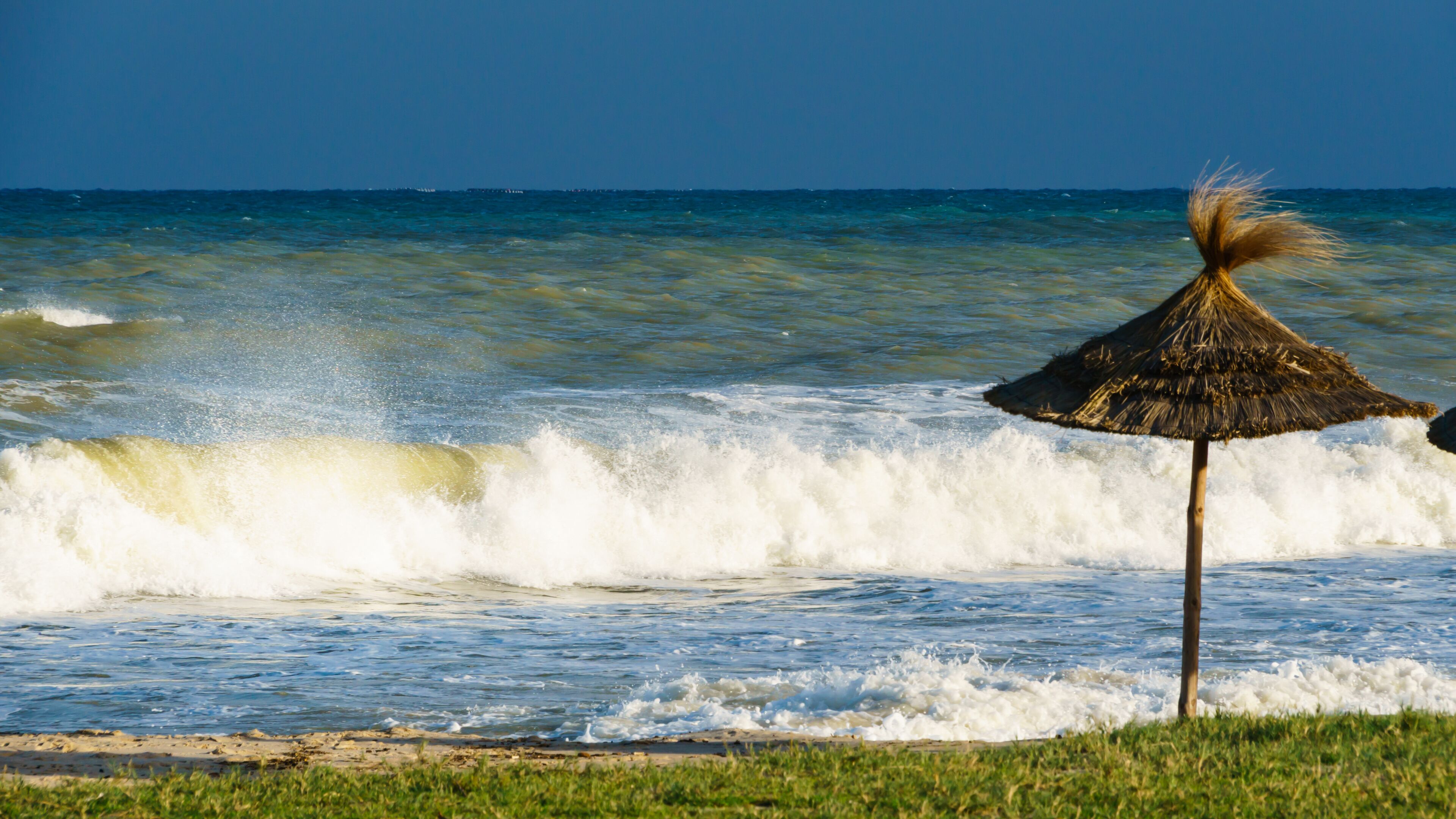 A beach with waves crashing onto the shore and a thatched umbrella in the foreground.