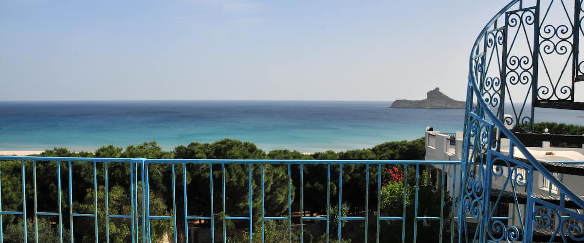 A coastal view with a metal railing, trees, and a distant island.