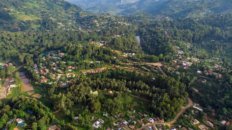 Aerial Drone Shot of Lushoto village in Usambara Mountains. Remote Place in Tanga Province, Tanzania, Africa