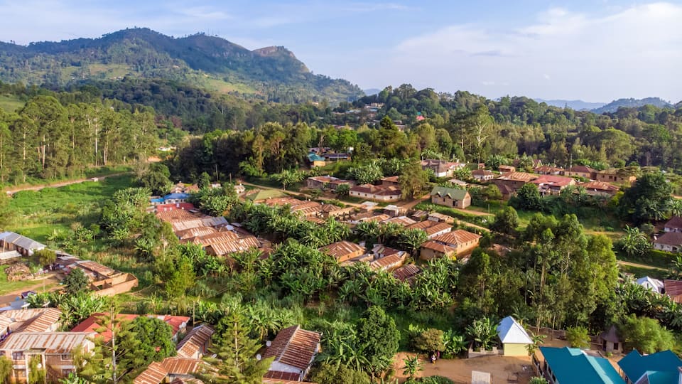 Aerial Drone Shot of Lushoto village in Usambara Mountains. Remote Place in Tanga Province, Tanzania, Africa