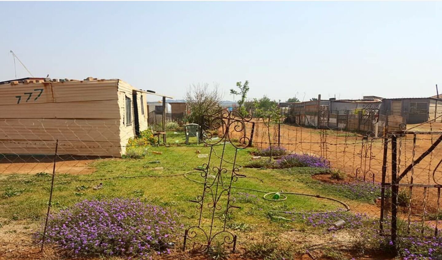 A residential area with a large building marked '777', a garden with purple flowers, and a metal fence.