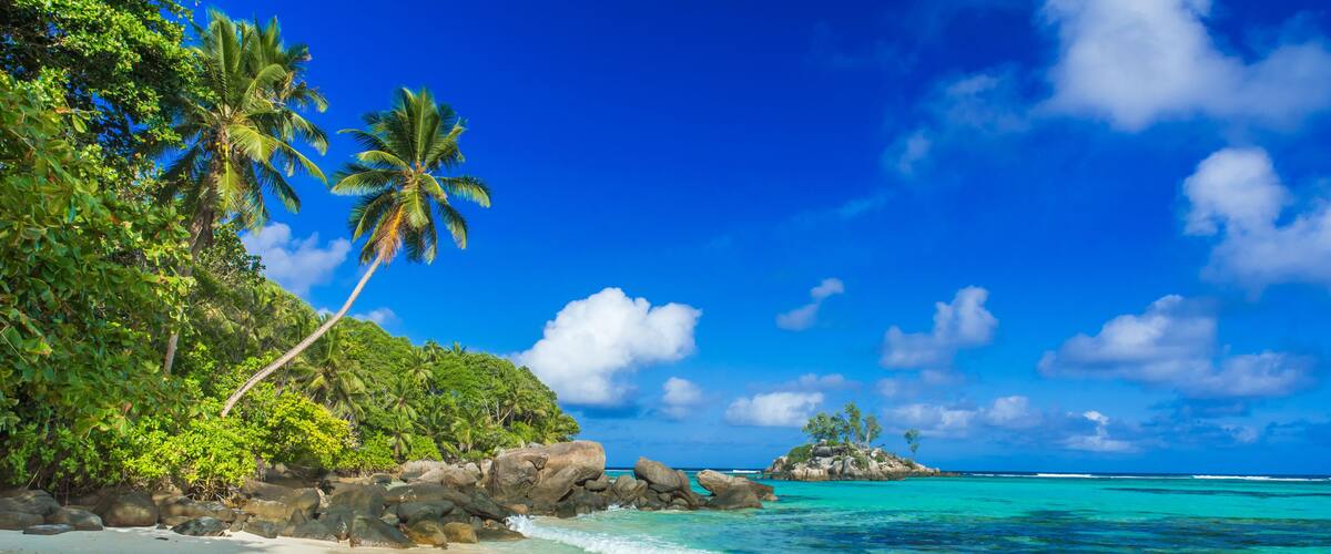 A tropical beach with clear turquoise water, white sand, palm trees, and a rocky outcrop in the distance.