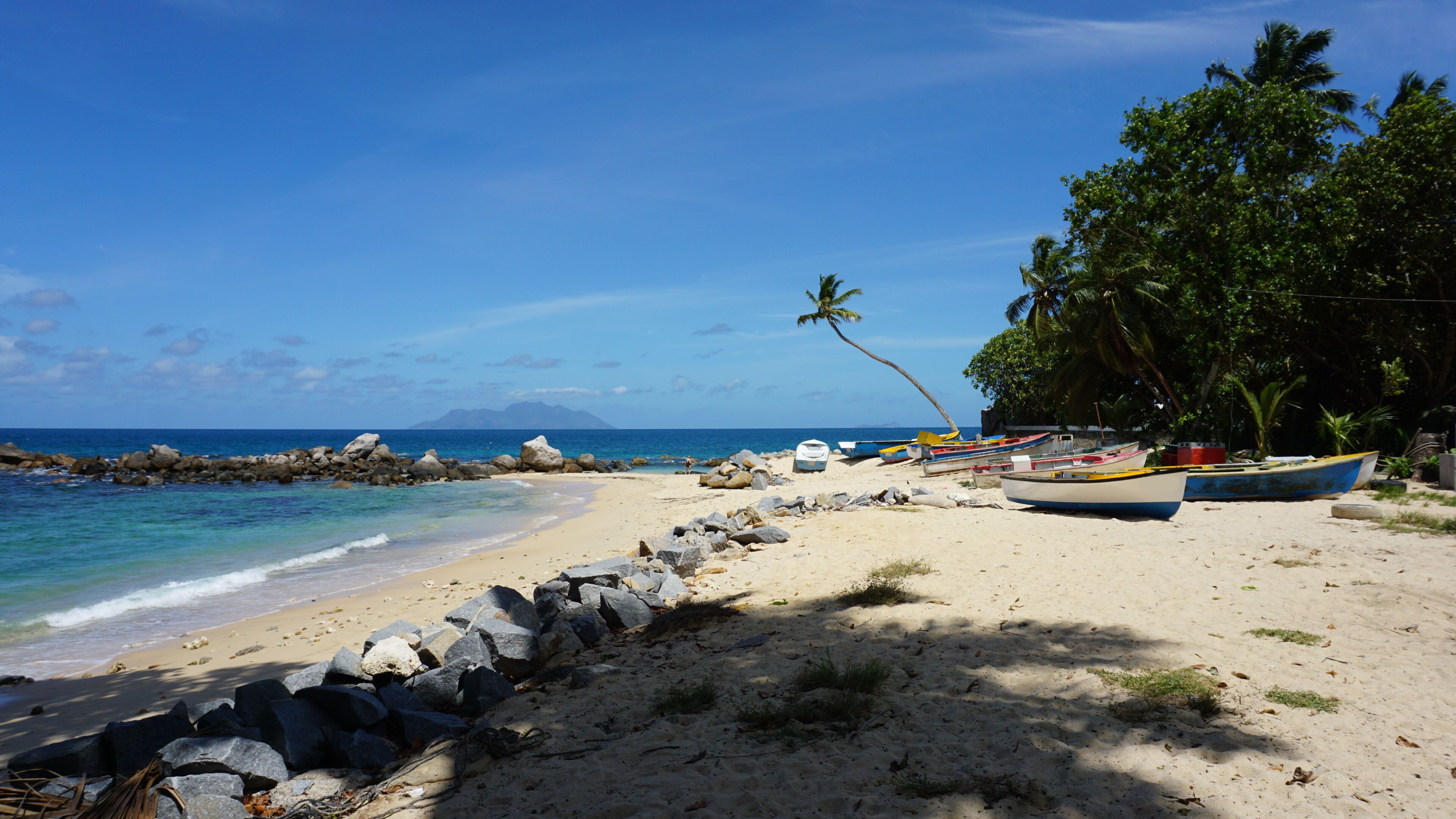 A beach with boats, rocks, and palm trees.