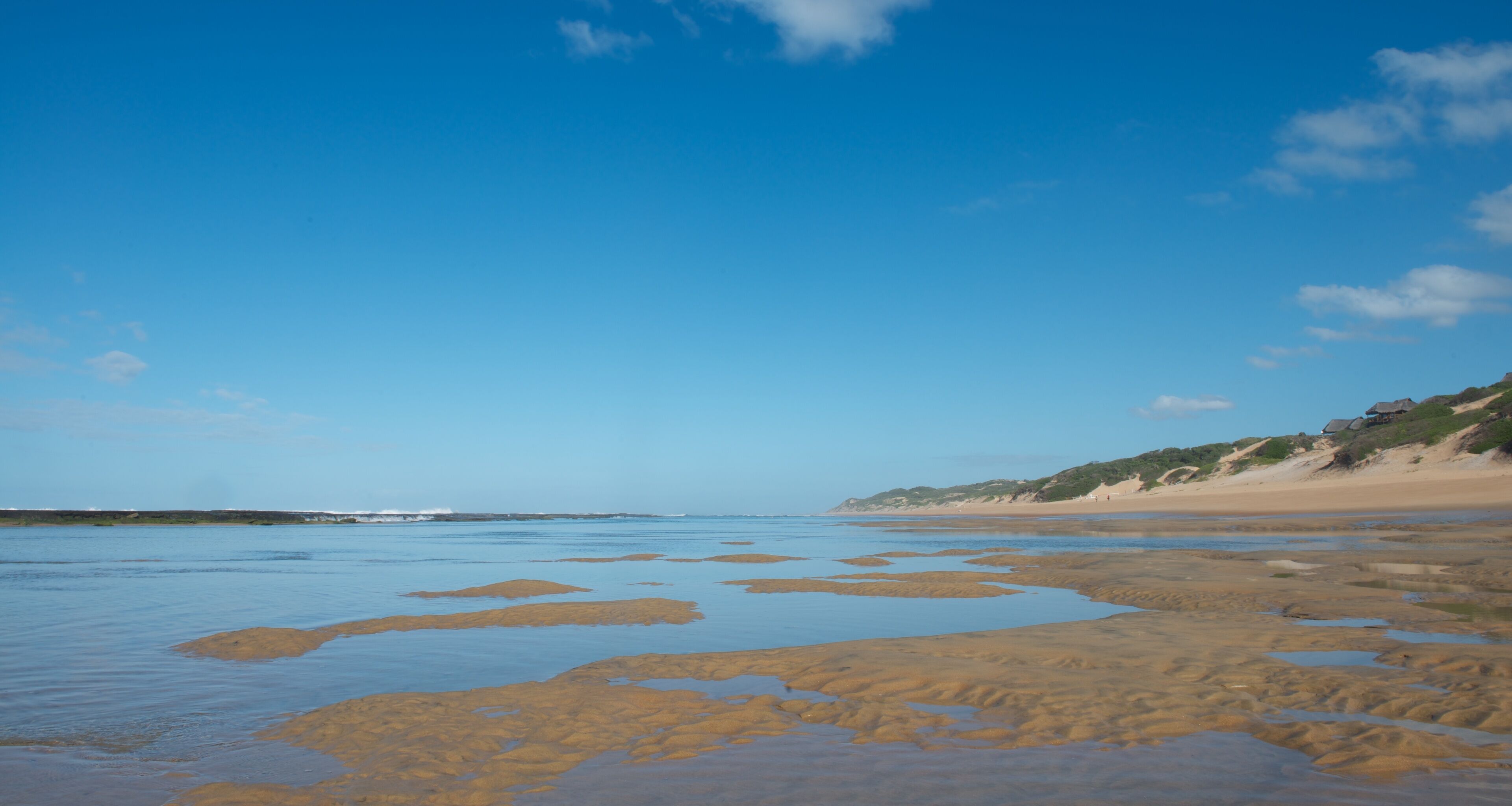 A beach with clear blue sky, sandy shore, and patches of wet sand.