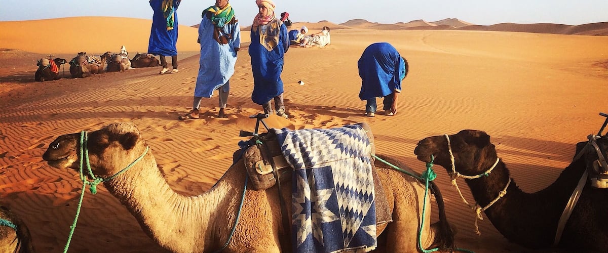 Riding the camels into Sahara desert with our Berber guides