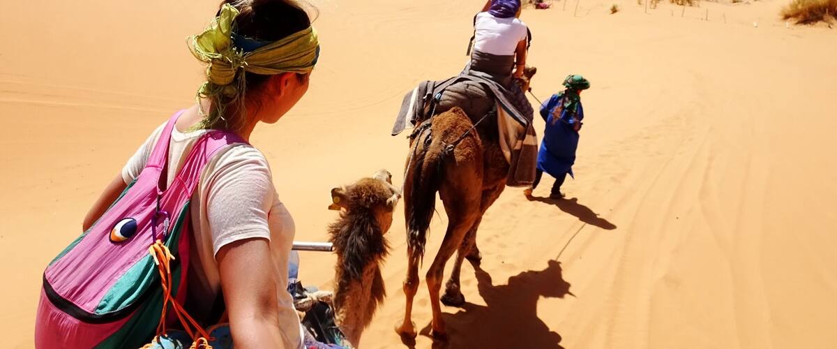 A camel caravan in a desert with sand dunes.