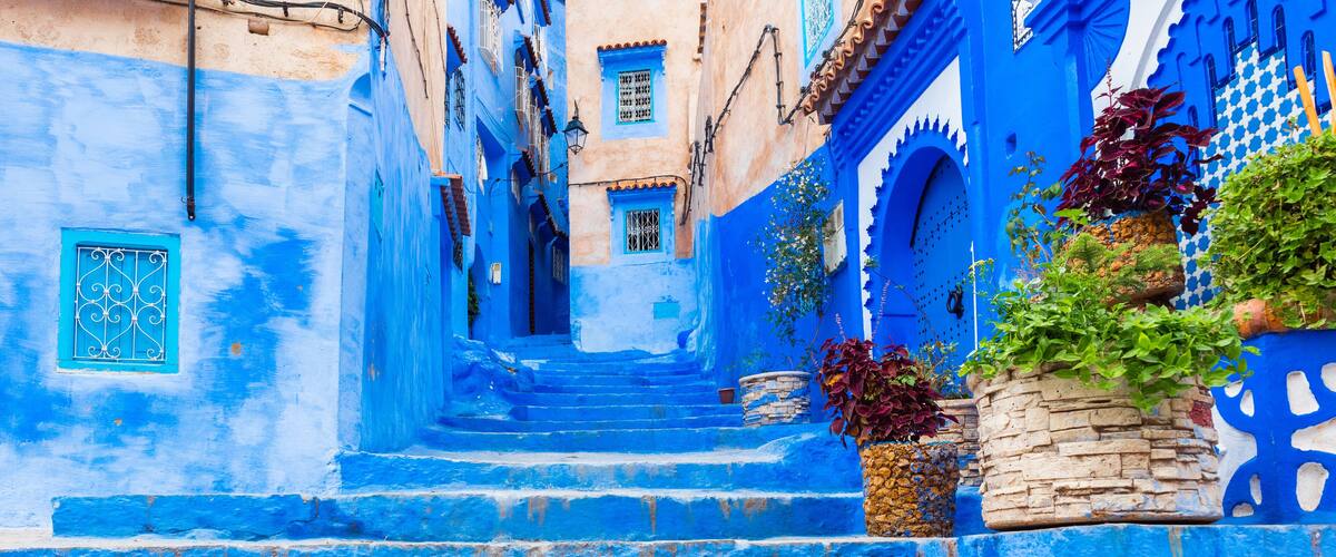 A narrow alleyway with blue-painted buildings, a staircase, and potted plants.