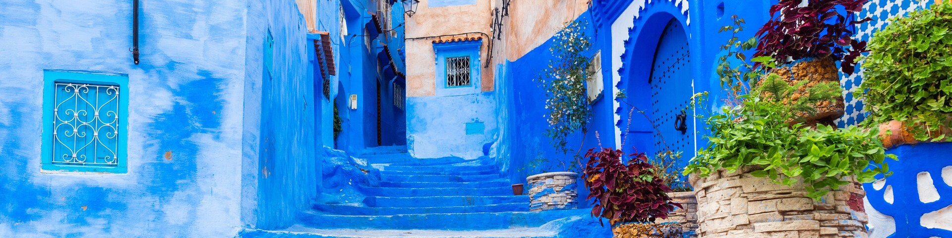 A narrow alleyway with blue-painted buildings, a staircase, and potted plants.