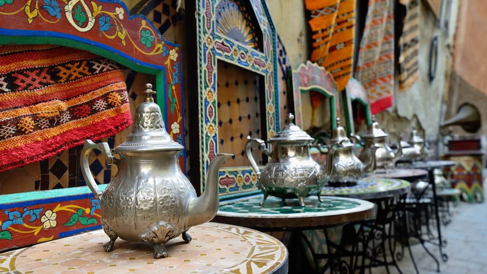 Decorative elements on the souk (market) in the old town, Medina in Morocco. Jug for brewing the tea.