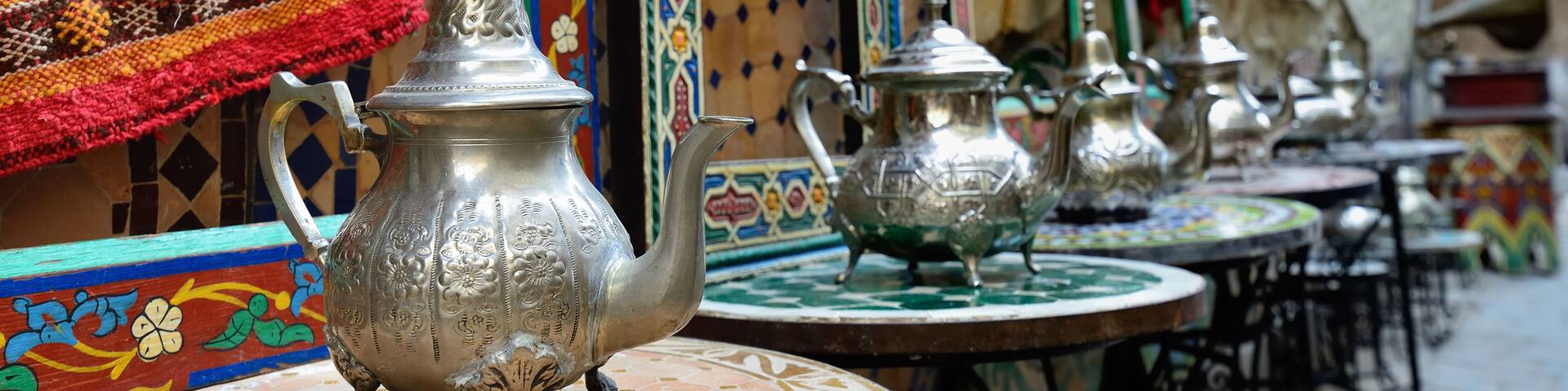 Decorative elements on the souk (market) in the old town, Medina in Morocco. Jug for brewing the tea.