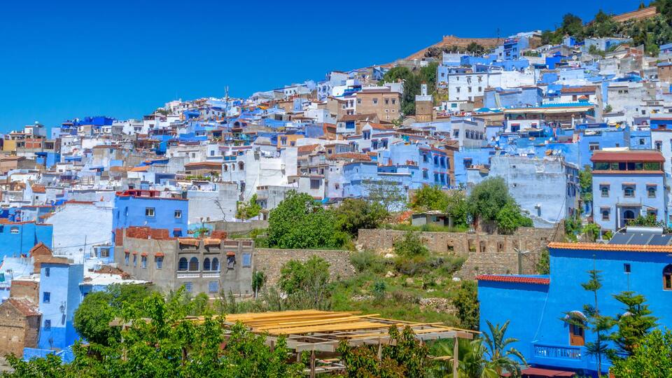 A densely packed hillside town with buildings painted in various shades of blue.