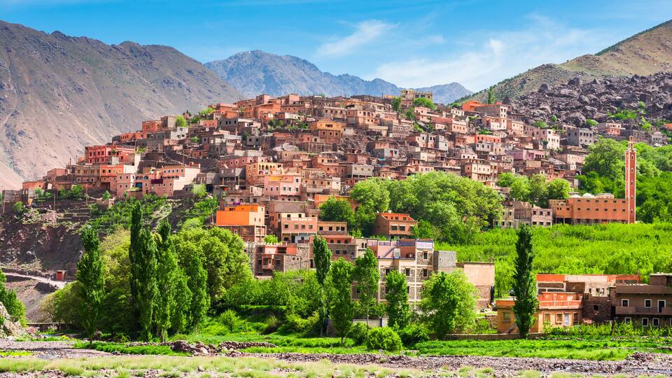 A terraced village with mountains in the background.