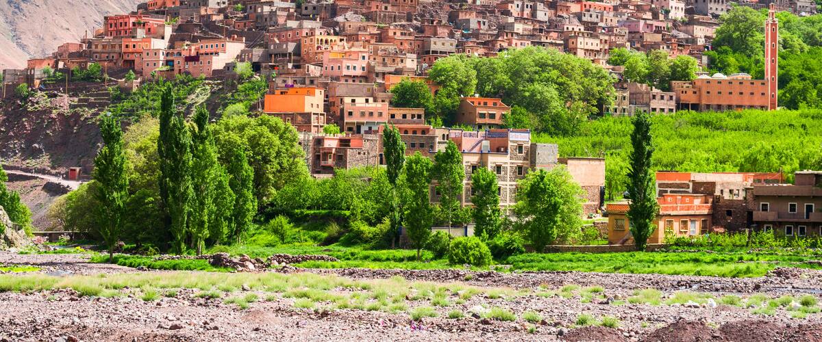 A terraced village with mountains in the background.