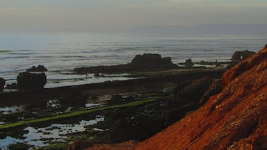 A coastal landscape with rocky formations and a calm sea.