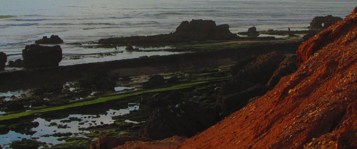 A coastal landscape with rocky formations and a calm sea.