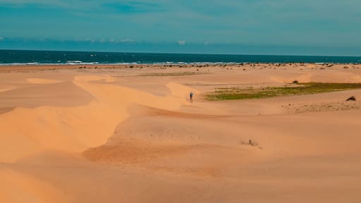 A tourist having fun on the Mambrui sand dunes in Mambrui Beach in Malindi, Kenya