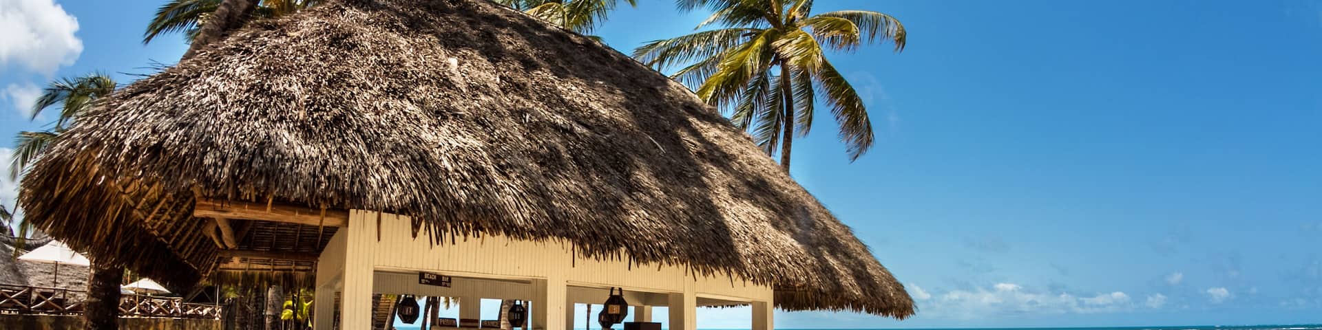 A beach bar with a thatched roof, palm trees, and the ocean in the background.
