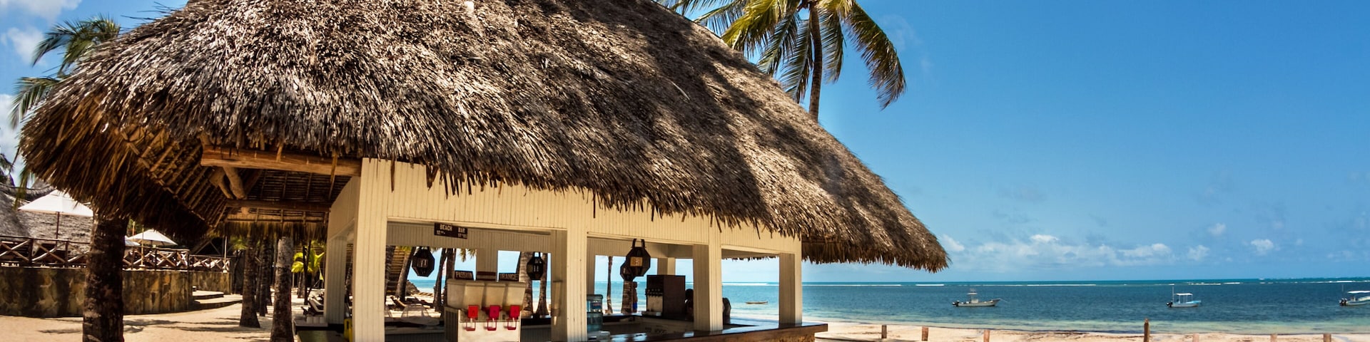 A beach bar with a thatched roof, palm trees, and the ocean in the background.