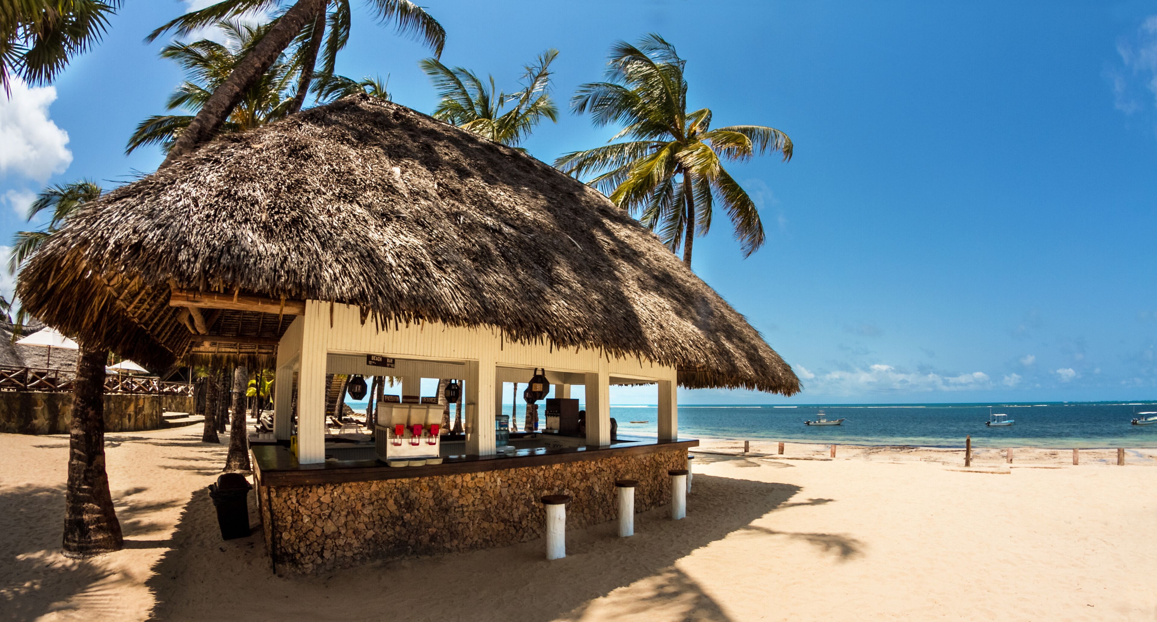 A beach bar with a thatched roof, palm trees, and the ocean in the background.