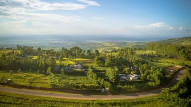 Aerial view of the Mua Hills countryside of Machakos County, Kenya. and the only tarmac road that passes through the area.