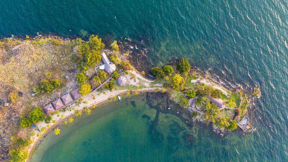 An aerial view of a coastal area with clear waters, a sandy beach, and scattered trees.