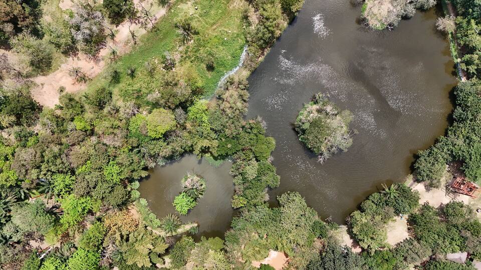 An aerial view of a river with surrounding dense vegetation and small islands.