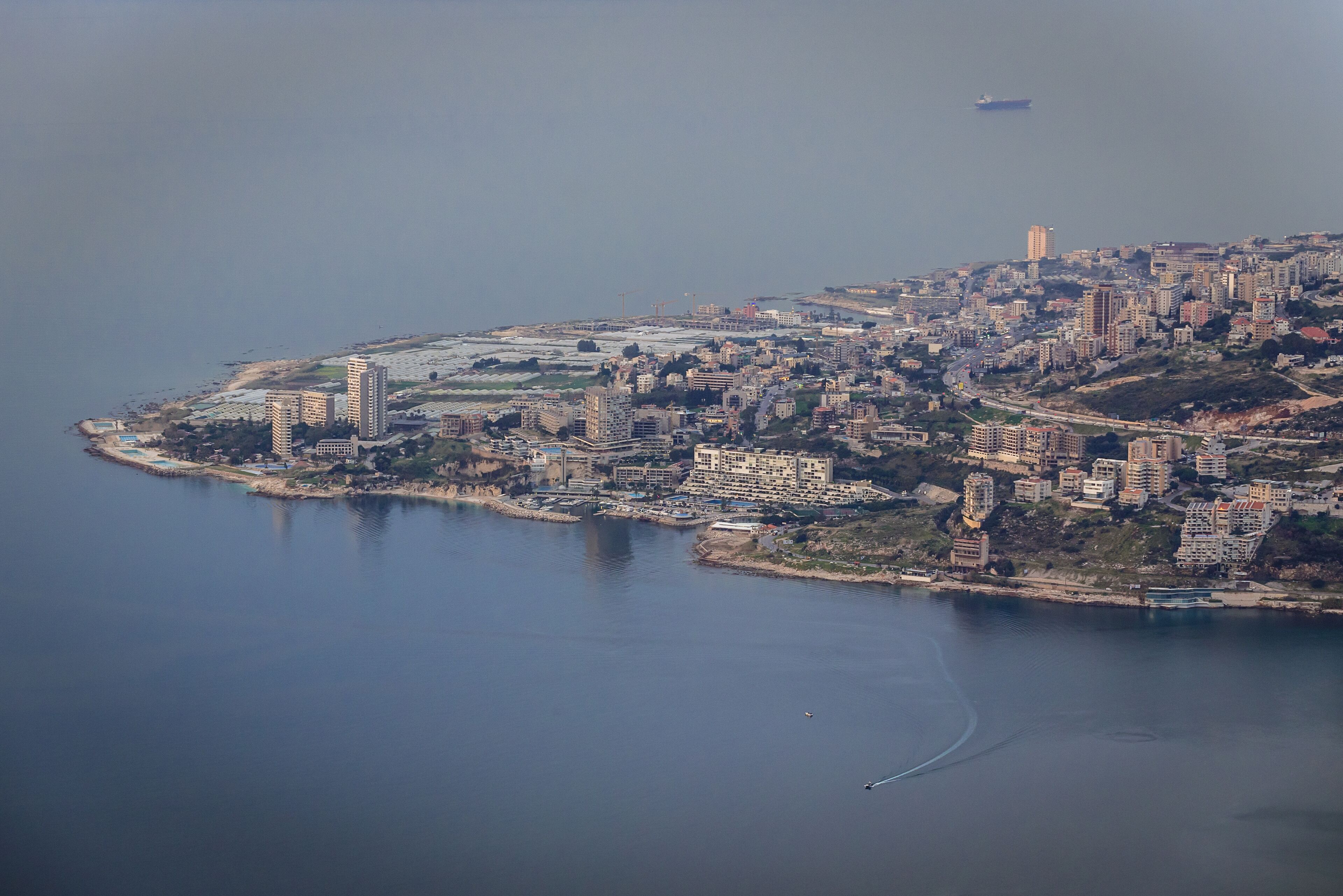Tabarja city on the Mediterranean Sea coast seen from shrine in Harissa town, Lebanon