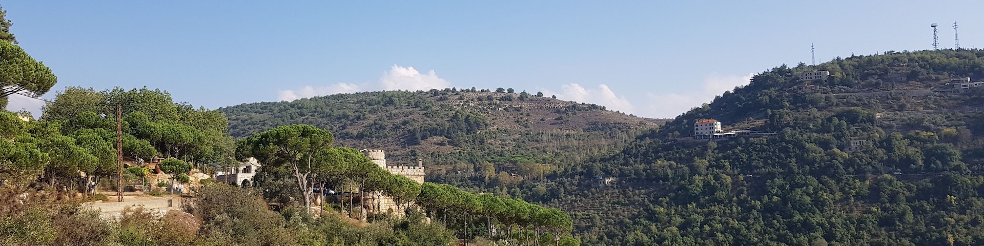 Un paisaje montañoso con edificios dispersos y vegetación densa.