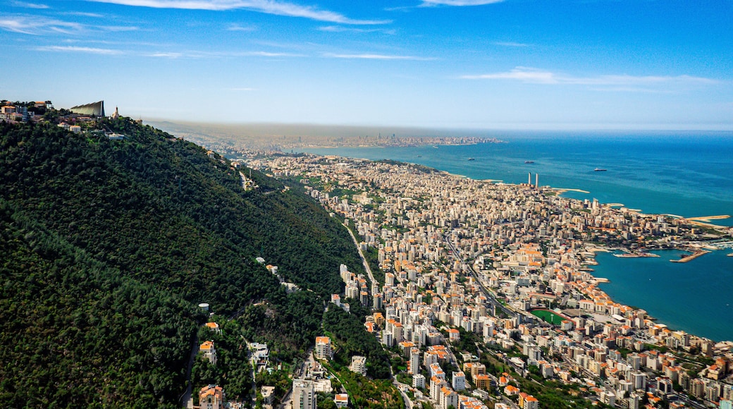 aerial view of the coast of the sea, paragliding over jounieh bay in Lebanon, view of Beirut