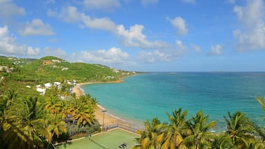 Paisagem costeira com praia, palmeiras e quadra de tênis.