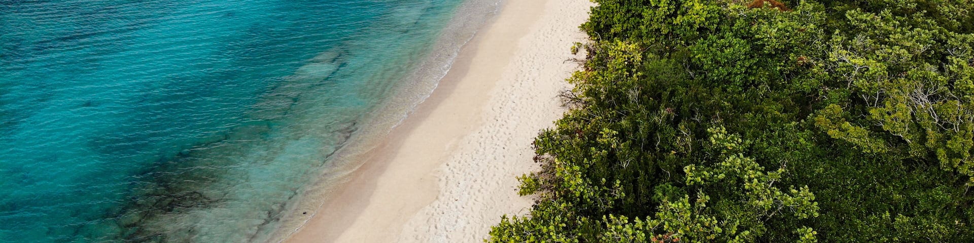 Drone shot looking down the beach on an island with palm trees