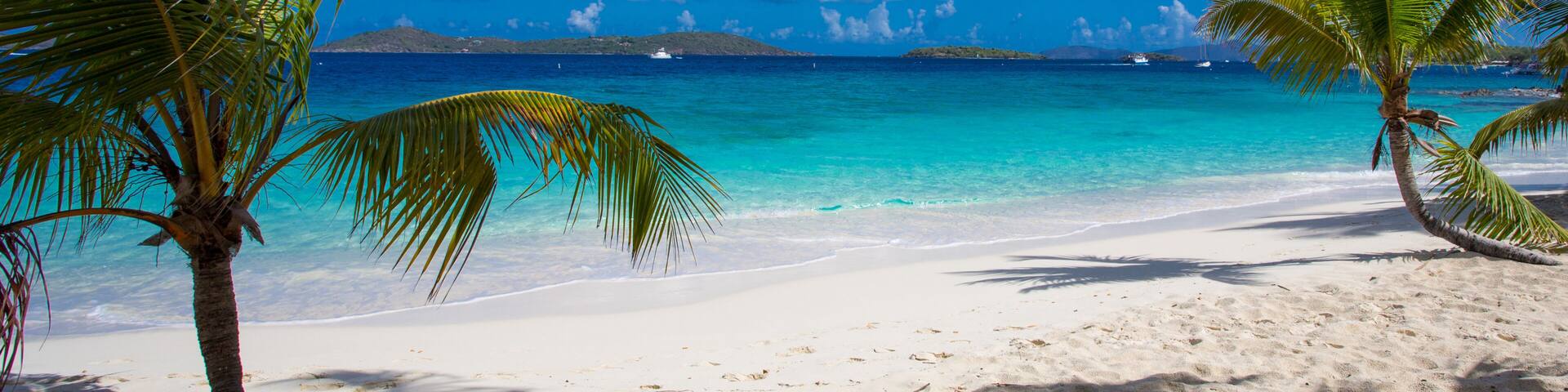 A beach with white sand, turquoise water, and palm trees under a clear blue sky.
