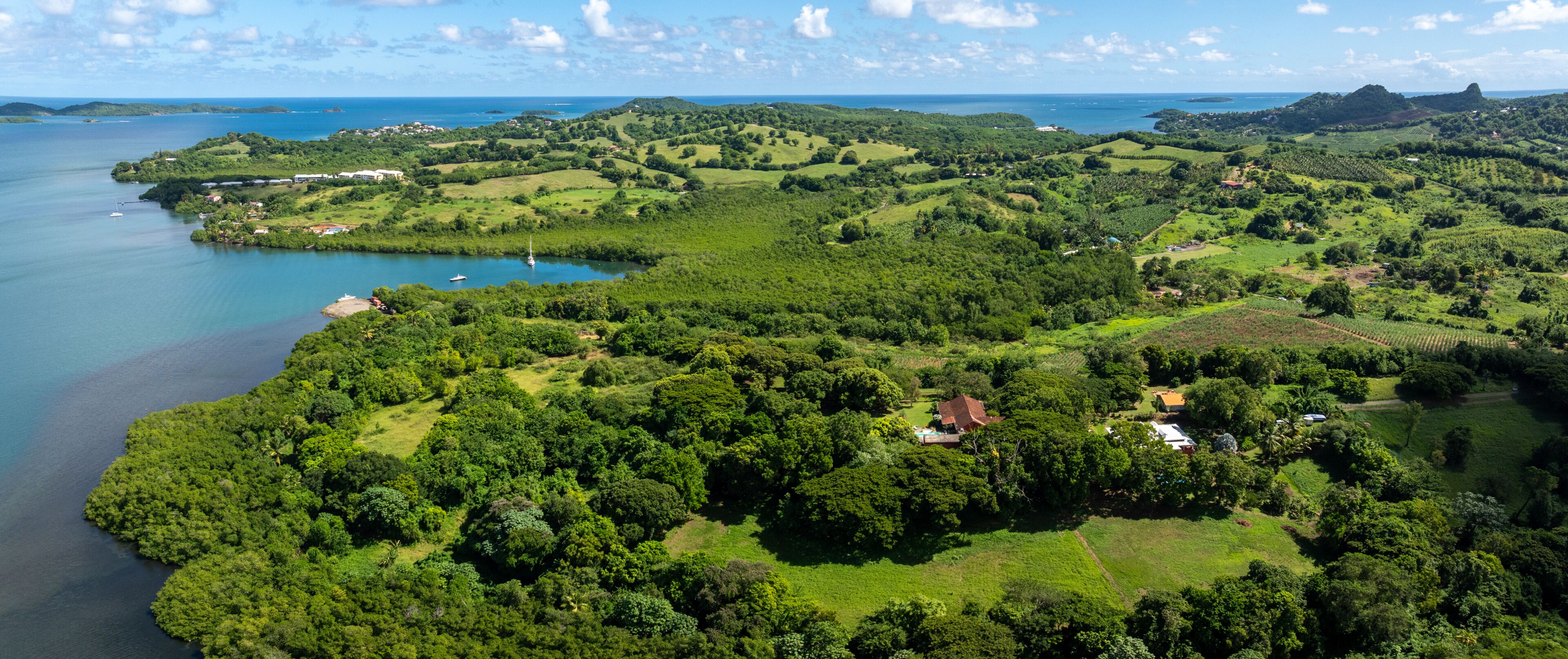 A coastal landscape with rolling hills, a bay with boats, and scattered buildings.