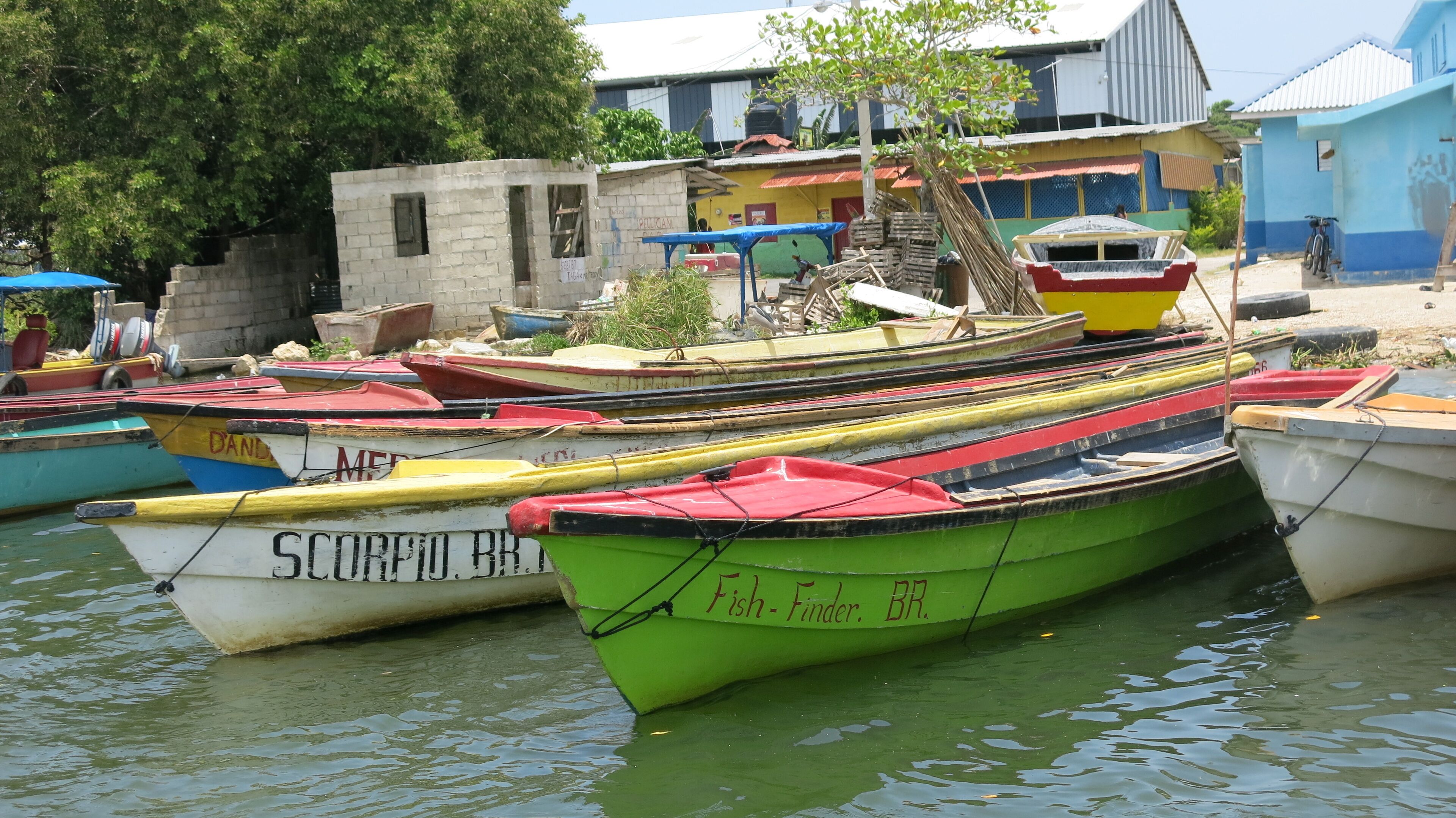 A row of colorful fishing boats docked at a harbor with buildings in the background.