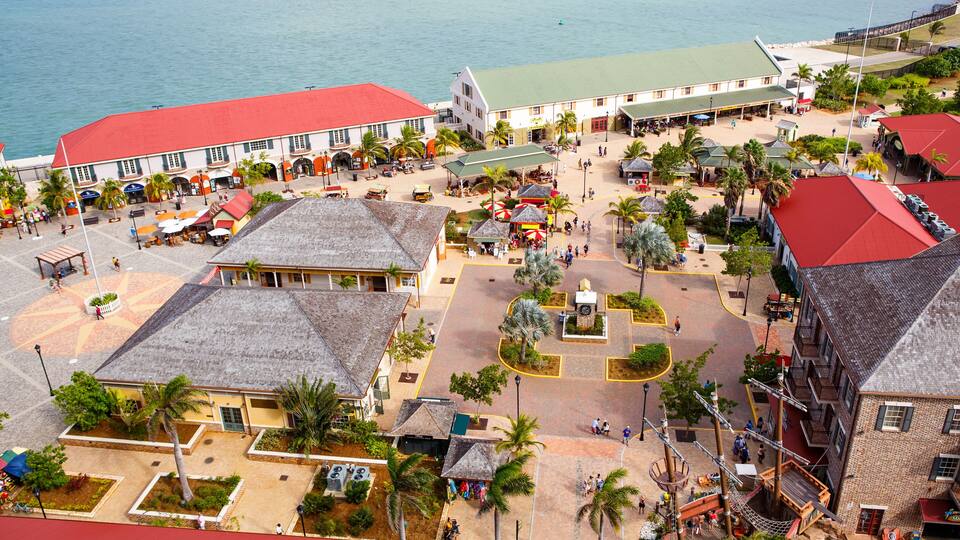 A coastal town with a central square, palm trees, and buildings with red roofs.