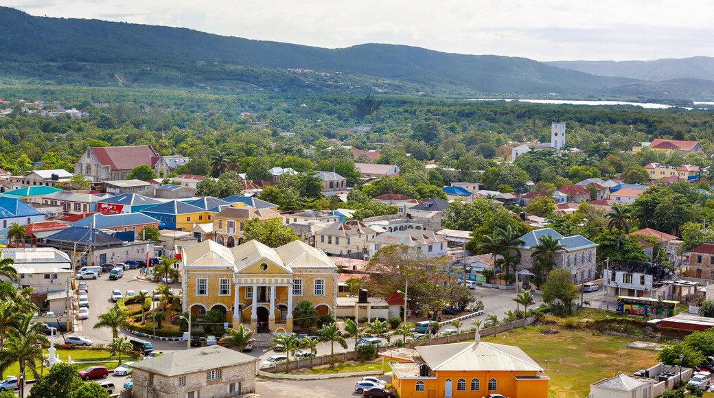 Falmouth port in Jamaica island, the Caribbeans. With old houses and duty free zone. From above, picture from cruise ship liner