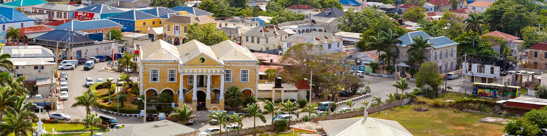 Falmouth port in Jamaica island, the Caribbeans. With old houses and duty free zone. From above, picture from cruise ship liner