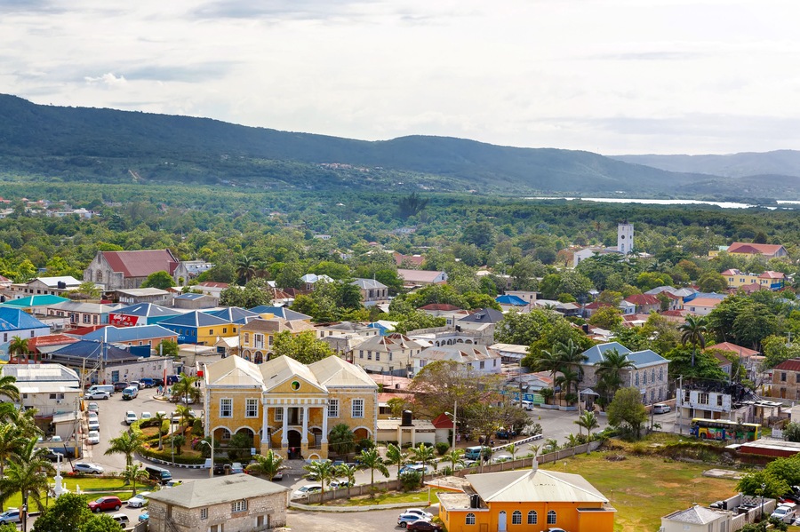 Falmouth port in Jamaica island, the Caribbeans. With old houses and duty free zone. From above, picture from cruise ship liner