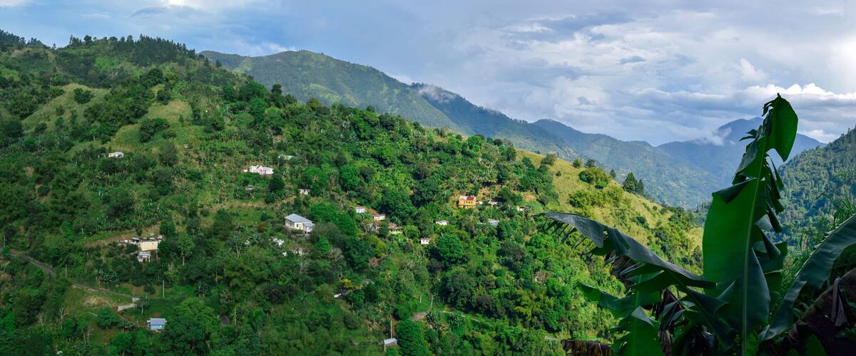A lush green mountainous landscape with scattered houses.