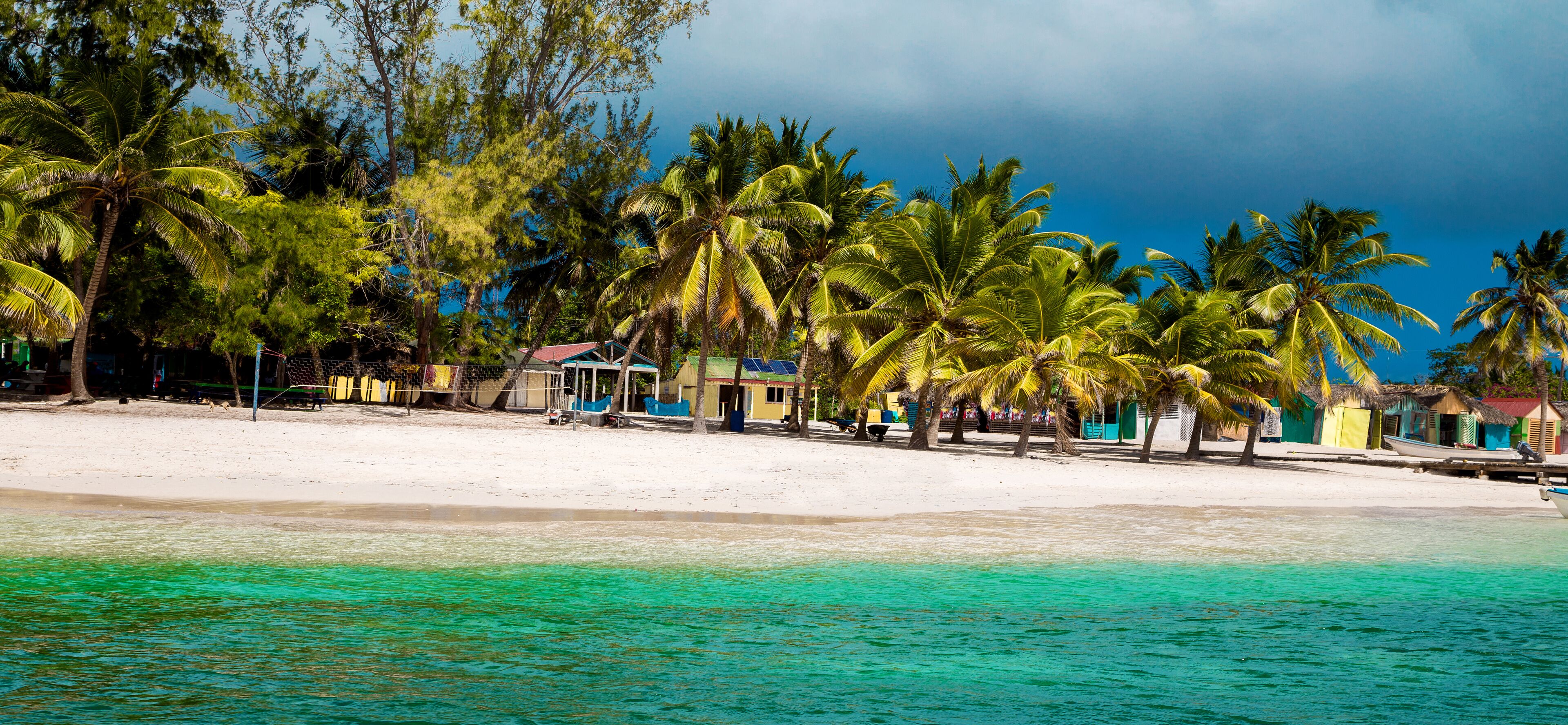 A beach with white sand, turquoise water, and palm trees.