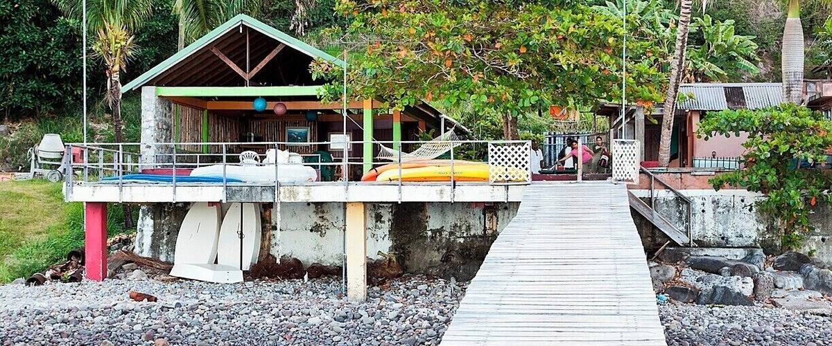 A wooden pier leading to a small house with a thatched roof, surrounded by lush greenery and palm trees.