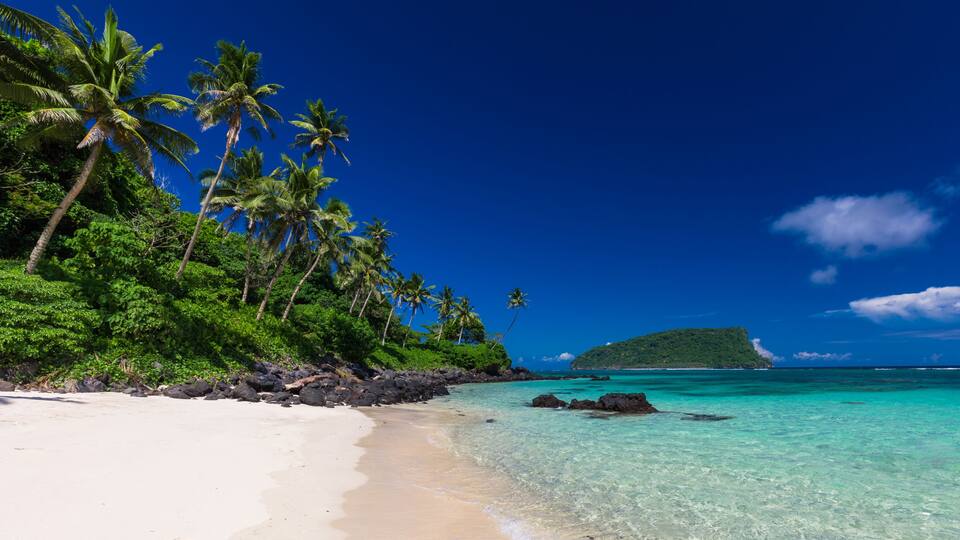 A tropical beach with clear turquoise water, palm trees, and a small island in the distance.