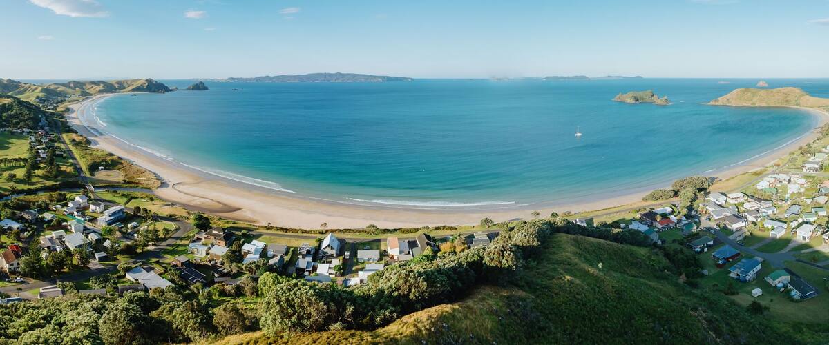 A coastal town with a beach, houses, and hills.