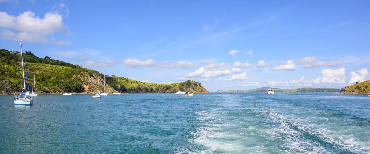 Views of the Hauraki Gulf from Matiatia ferry terminal. Waiheke Island. New Zealand.