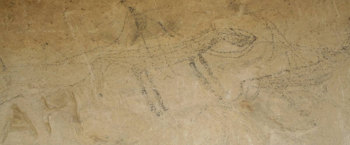 A textured wall with faint, ancient carvings.