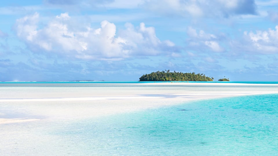 A tropical island surrounded by turquoise waters and a clear sky.
