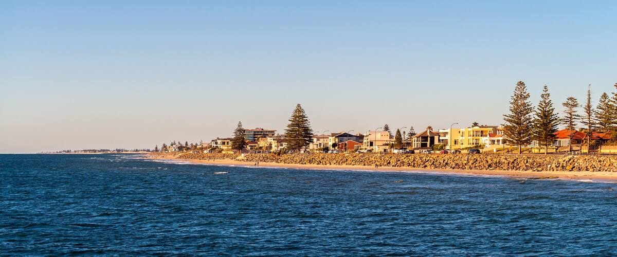 Coastline of Adelaide viewed from Brighton jetty at sunset, South Australia